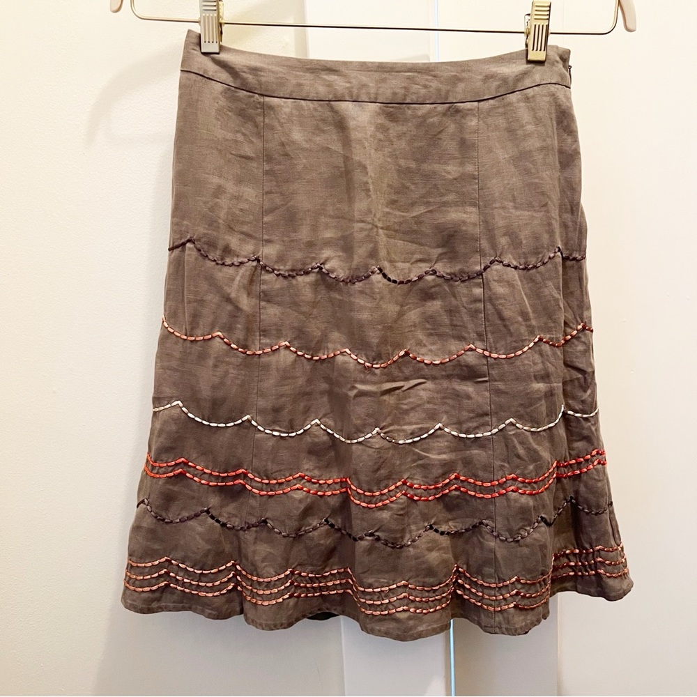 Boden Taupe Brown A Line Skirt Size 6R Linen Embroidered Zip Lined